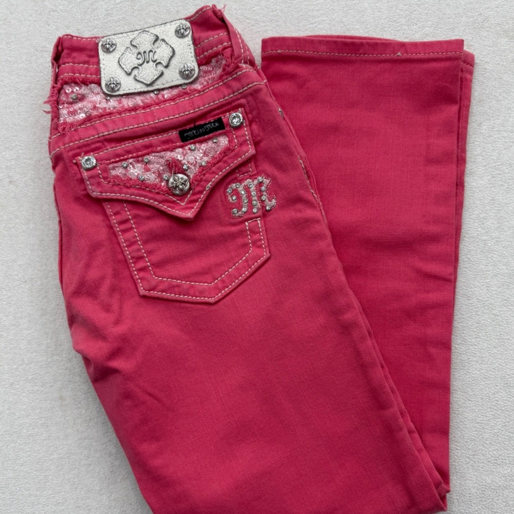 Miss Me Cropped Jeans Women 25 Melon Pink Rhinestone Sequin Western Biker